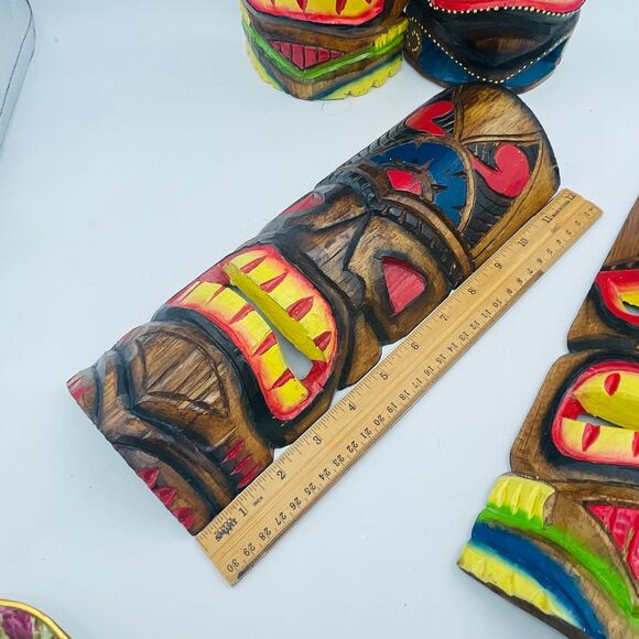 Set 4 Vintage Wooden Tiki Hut Hand Carved Polynesian Style Wall Masks Bar Decor - Picture 4 of 7